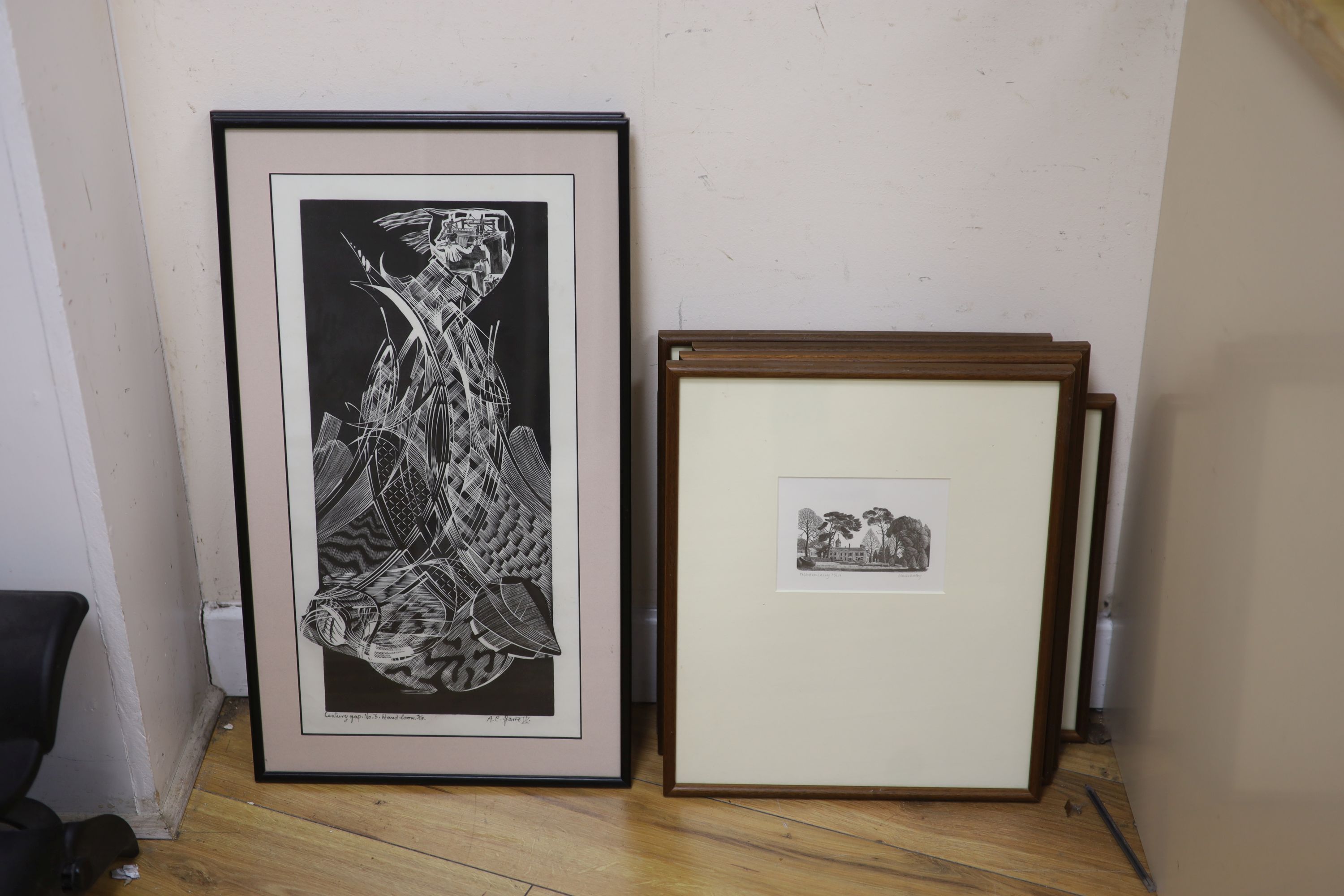 Seven assorted near contemporary wood engravings by George Tute, Monica Poole, Peter Reddick, Peter S. Smith, Claire Bulby and AC Garrett, largest 50 x 25cm